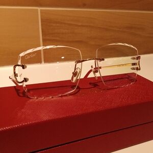 Cartier C decor Clear Tint Gold Wire Diamond Cut Lens Rimless Glasses